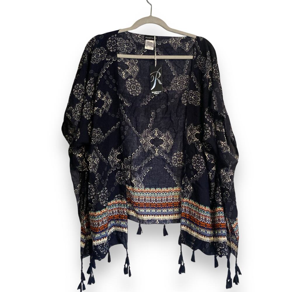 Women's Rampage Navy Blue Fringe Geometric Fluid Carefree Boho Shawl Size OS
